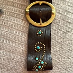 Gorgeous, soft, brown leather belt with brass studs and turquoise